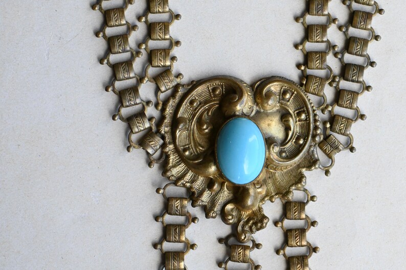 Antique 1930s cast brass festoon necklace with turquoise glass stations image 6