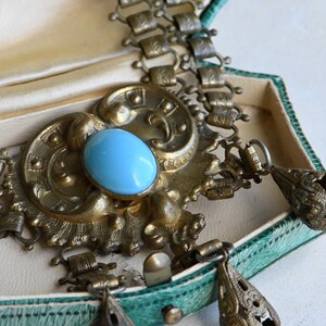 Antique 1930s cast brass festoon necklace with turquoise glass stations image 4