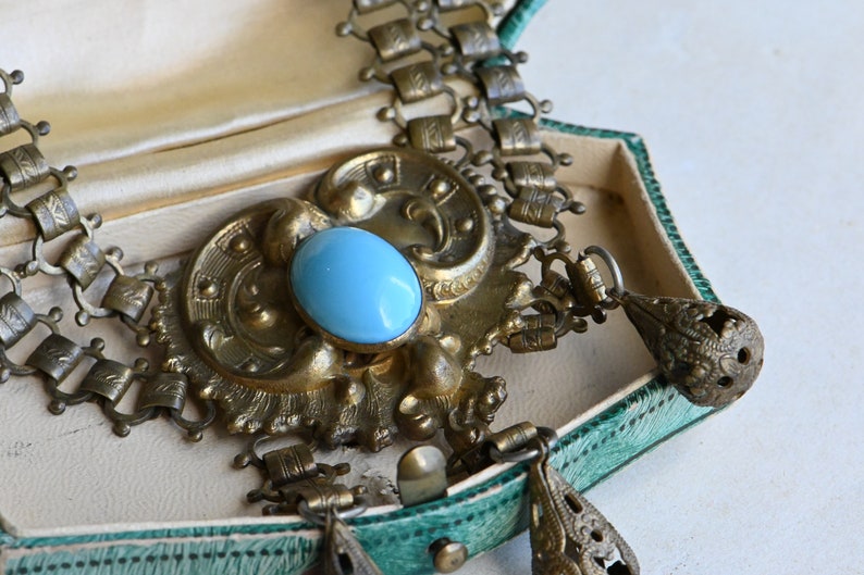 Antique 1930s cast brass festoon necklace with turquoise glass stations image 4