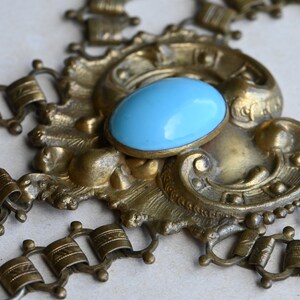 Antique 1930s cast brass festoon necklace with turquoise glass stations image 10