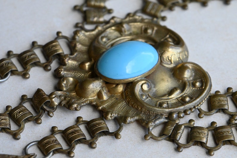 Antique 1930s cast brass festoon necklace with turquoise glass stations image 10
