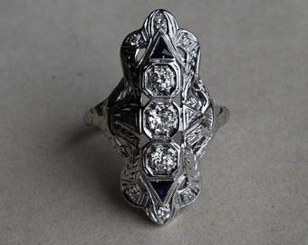 Antique 1920s Art Deco 18K diamond sapphire filigree cocktail ring