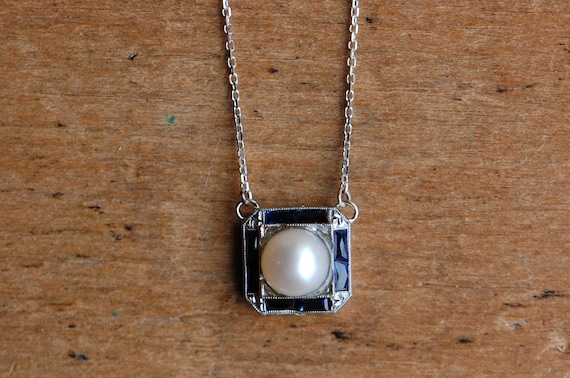Antique Art Deco 1930s custom pearl and sapphire p