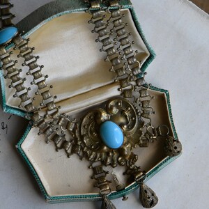 Antique 1930s cast brass festoon necklace with turquoise glass stations image 3