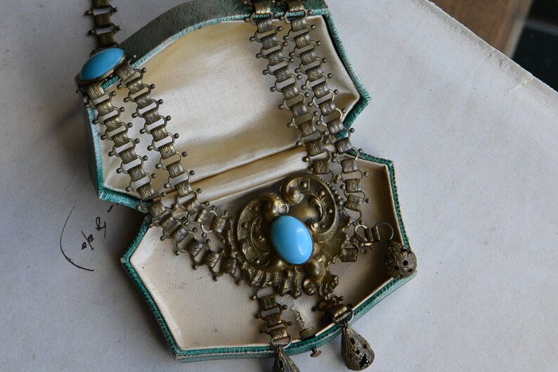 Antique 1930s cast brass festoon necklace with turquoise glass stations image 3