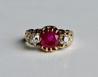 Antique Victorian 14K natural ruby and old mine cut trio ring