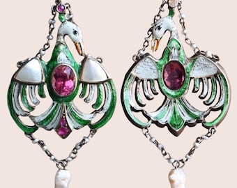 Antique 1890s Austro-Hungarian pelican pendant with enamel, pearls and gemstones