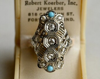 Antique 1920s Art Deco 18K diamond and turquoise filigree cocktail ring