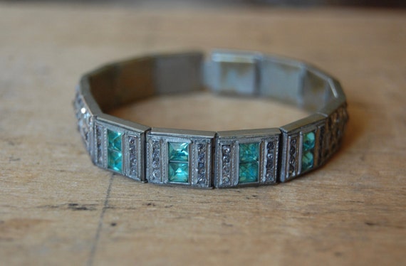 Art Deco rhinestone line bracelet with aqua glass