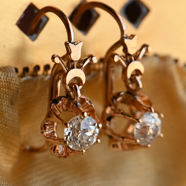 Antique 1910s 9K gold and Old European Cut diamond droplet earrings