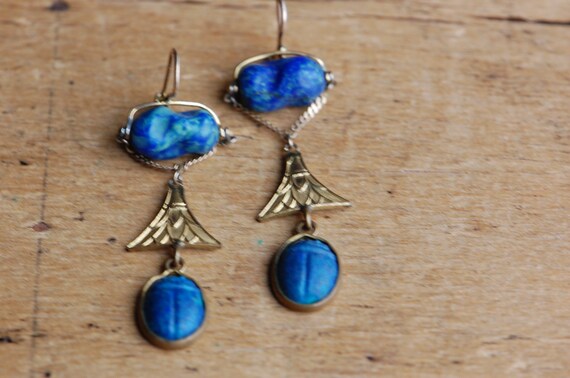 Antique 1920s Egyptian Revival faux lapis lotus m… - image 5