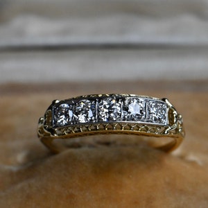 Vintage 1930s Art Deco 14K five-diamond fretwork wedding engagement band image 4