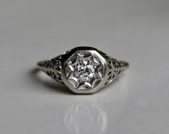 Antique 18K .25 carat Old European Cut diamond filigree engagement ring