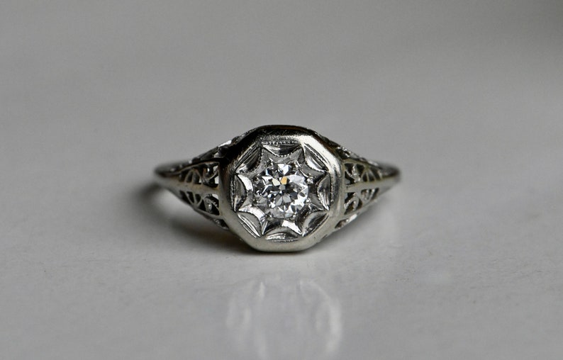 Antique 18K .25 carat Old European Cut diamond filigree engagement ring image 1