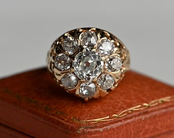 Antique Victorian 14K 3 carat Old Mine Cut diamond cluster ring