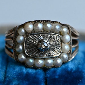 Antique 1810s 10K and silver Georgian memorial ring with pearls and diamond image 1