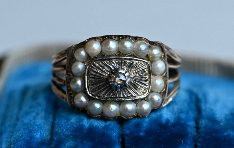 Antique 1810s 10K and silver Georgian memorial ring with pearls and diamond image 1