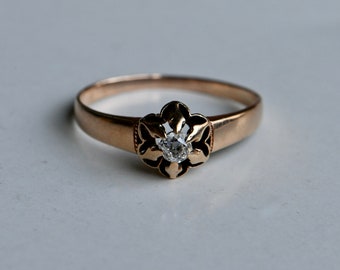 Antique Victorian 14K rose gold Old Mine Cut diamond solitaire ring