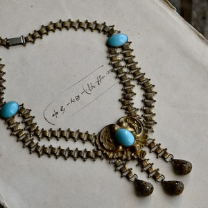 Antique 1930s cast brass festoon necklace with turquoise glass stations image 8