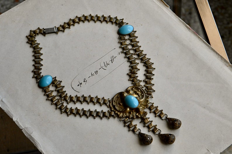 Antique 1930s cast brass festoon necklace with turquoise glass stations image 8