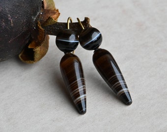 Antique Victorian banded agate torpedo drop earrings