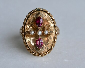 Antique 1860s Victorian 10K garnet and pearl dress ring