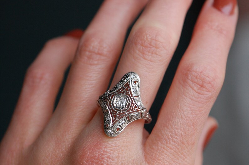 Antique 1920s platinum and diamond filigree cocktail ring GR59 image 8