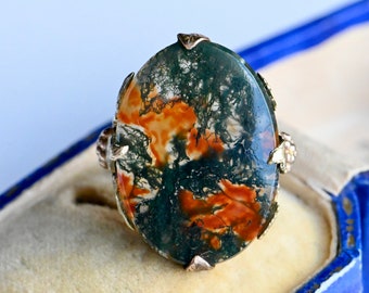 Vintage 1930s Art Deco 14K triple-tone moss agate dress ring