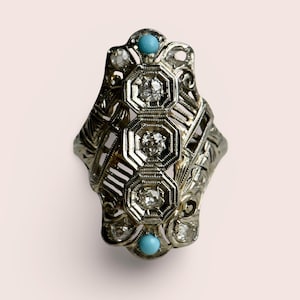 Antique 1920s Art Deco 18K diamond and turquoise filigree cocktail ring