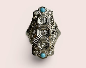 Anillo de cóctel Art Déco antiguo de filigrana de diamantes y turquesa de 18 quilates de la década de 1920