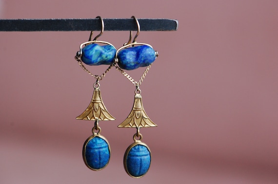 Antique 1920s Egyptian Revival faux lapis lotus m… - image 1