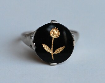 Antique 1920s Ostby Barton 14K onyx and gold leaf filigree ring