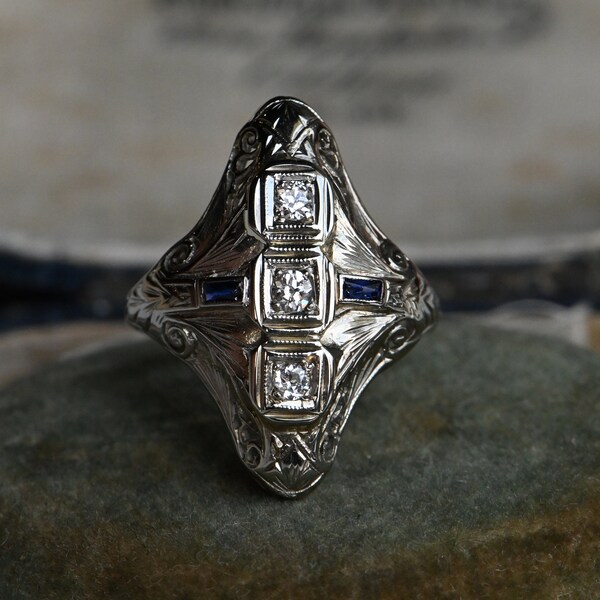 Antique 1910s Edwardian 18K diamond sapphire filigree cocktail ring