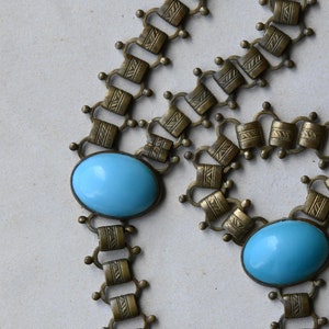 Antique 1930s cast brass festoon necklace with turquoise glass stations image 9