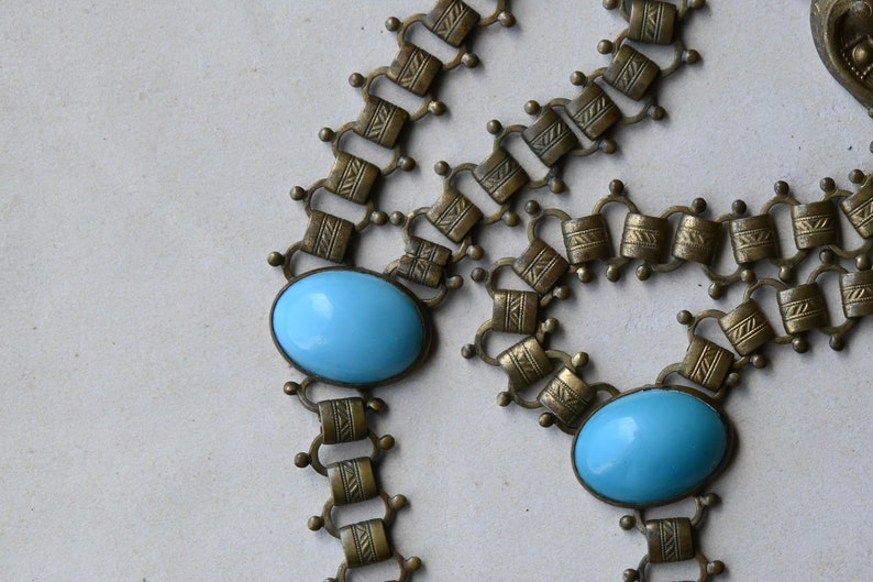 Antique 1930s cast brass festoon necklace with turquoise glass stations image 9
