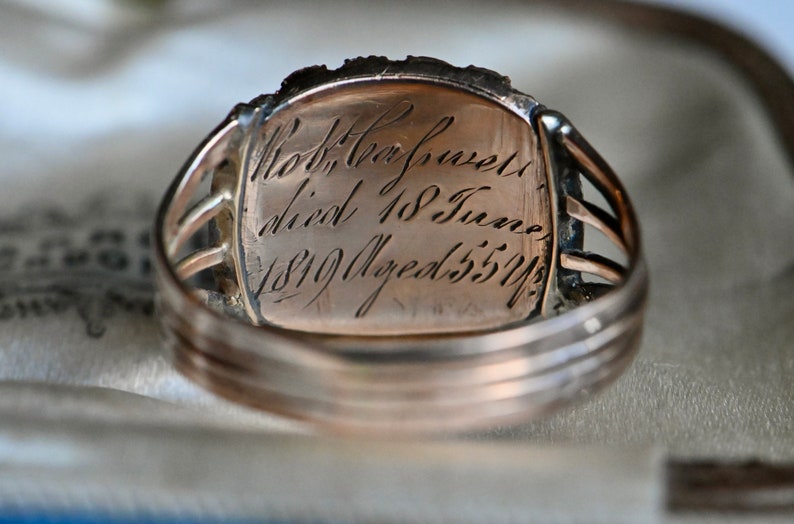 Antique 1810s 10K and silver Georgian memorial ring with pearls and diamond image 7