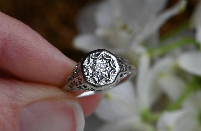 Antique 18K .25 carat Old European Cut diamond filigree engagement ring image 3