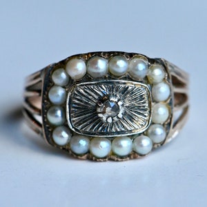 Antique 1810s 10K and silver Georgian memorial ring with pearls and diamond image 6