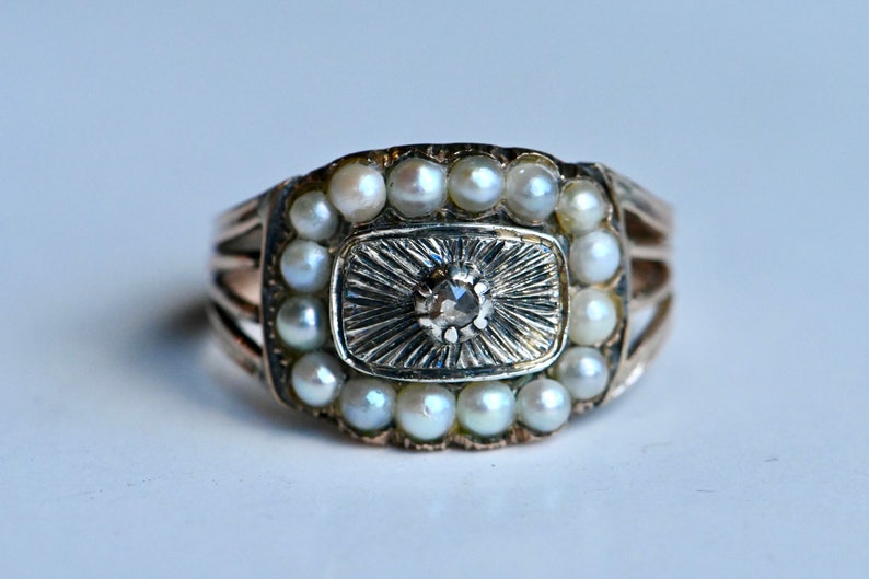 Antique 1810s 10K and silver Georgian memorial ring with pearls and diamond image 6