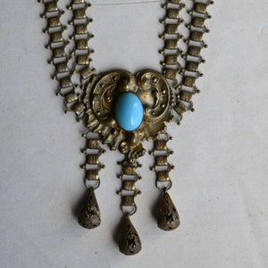 Antique 1930s cast brass festoon necklace with turquoise glass stations image 1