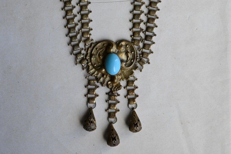 Antique 1930s cast brass festoon necklace with turquoise glass stations image 1