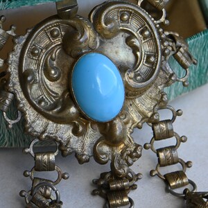 Antique 1930s cast brass festoon necklace with turquoise glass stations image 5