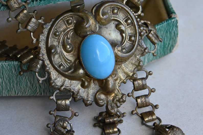 Antique 1930s cast brass festoon necklace with turquoise glass stations image 5