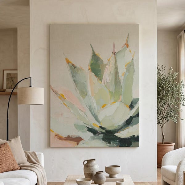 Minimalistische Agave Malerei Druck, große gerahmte Leinwand Kunst, Salbei grüne botanische Wanddekoration, moderne Sukkulenten Kunst
