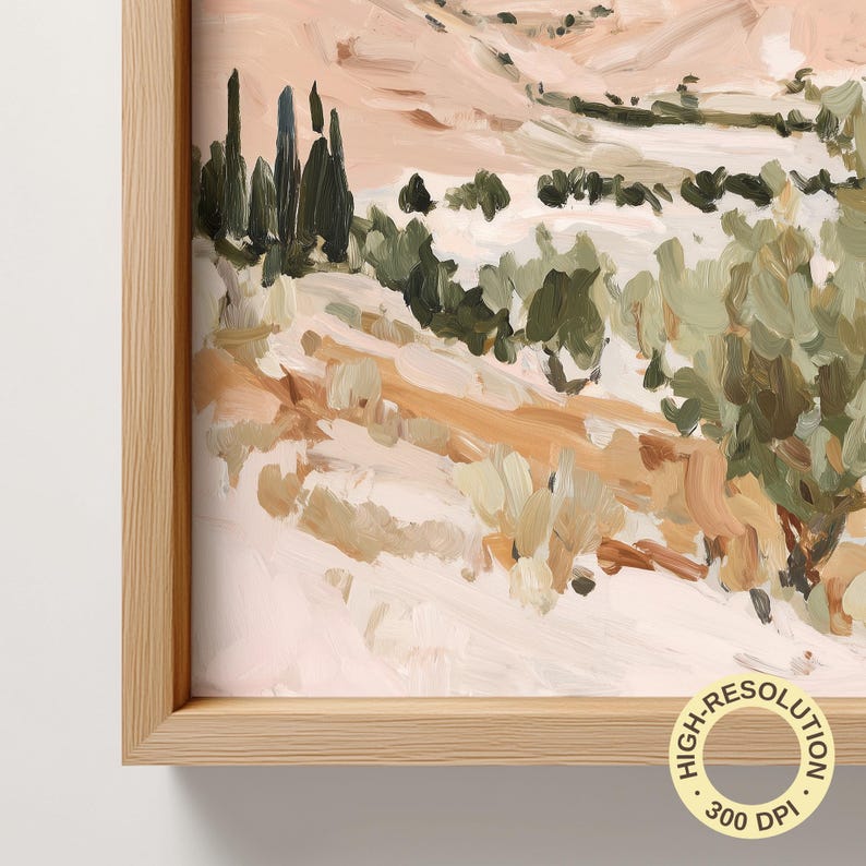 May include: An abstract landscape painting in a light wooden frame. The artwork features a palette of soft greens, beige, and pink hues, depicting a stylized view of trees and rolling hills. The painting is labeled "HIGH-RESOLUTION 300 DPI".