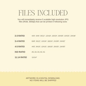 May include: A beige digital art print with the text "FILES INCLUDED" at the top. Below, it lists the sizes available for printing, including 4x5", 6x9", 8x12", and more, organized by ratio. The bottom text states "ARTWORK IS A DIGITAL DOWNLOAD, NO ITEMS WILL BE SHIPPED."