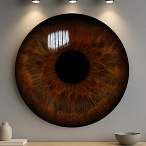 Puede incluir: Una gran obra de arte mural circular que presenta un primer plano detallado de un ojo humano. El iris es de un color marrón intenso con patrones intrincados, y la pupila es negra. La obra de arte está montada en una pared gris, con un mueble de madera debajo.