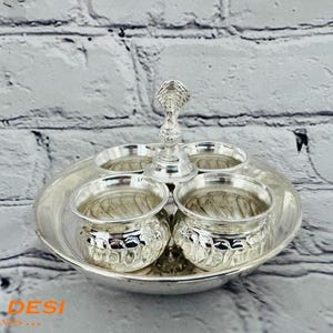 Pure German silver Haldi Kumkum 4 bowl stand with Pure German silver plate, 4&quot;