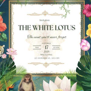 L'invitation de fête inspirée du lotus blanc | Exotique et chic |Soirée à thème| Invitation, carte d'informations et RSVP QR | Modèle |Été | Toile gratuite