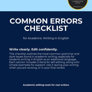 May include: A navy blue and light blue graphic with the text "COMMON ERRORS CHECKLIST" and "for Academic Writing in English." The text "Write clearly. Edit confidently." is also included. The image promotes academic editing services.